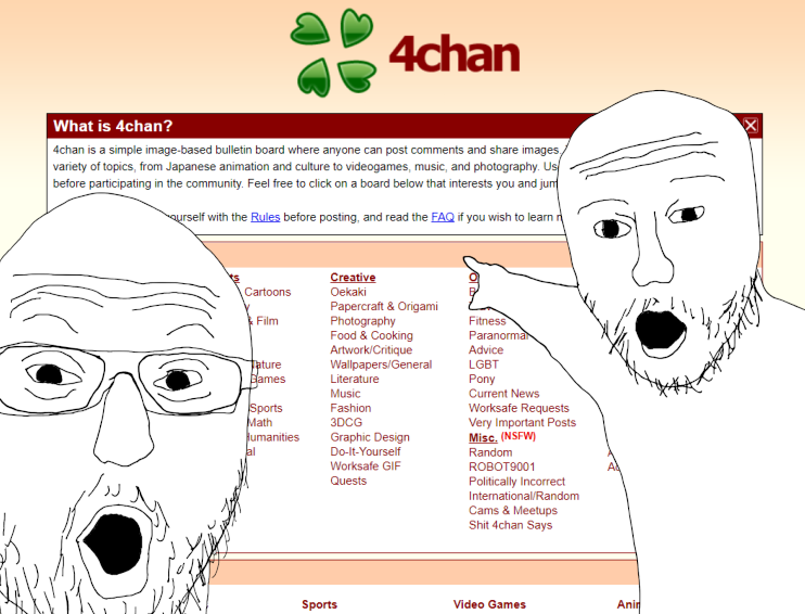 Two soyjaks pointing at the 4chan landing page.