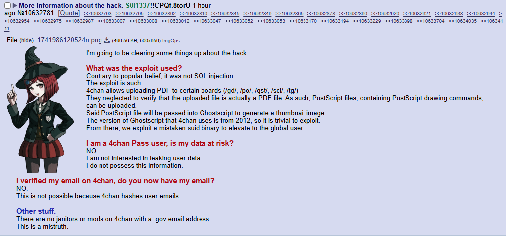 Post on 4chan describing technical details about the April 2025 hack